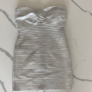 Herve Leger Metallic Silver Strapless Dress